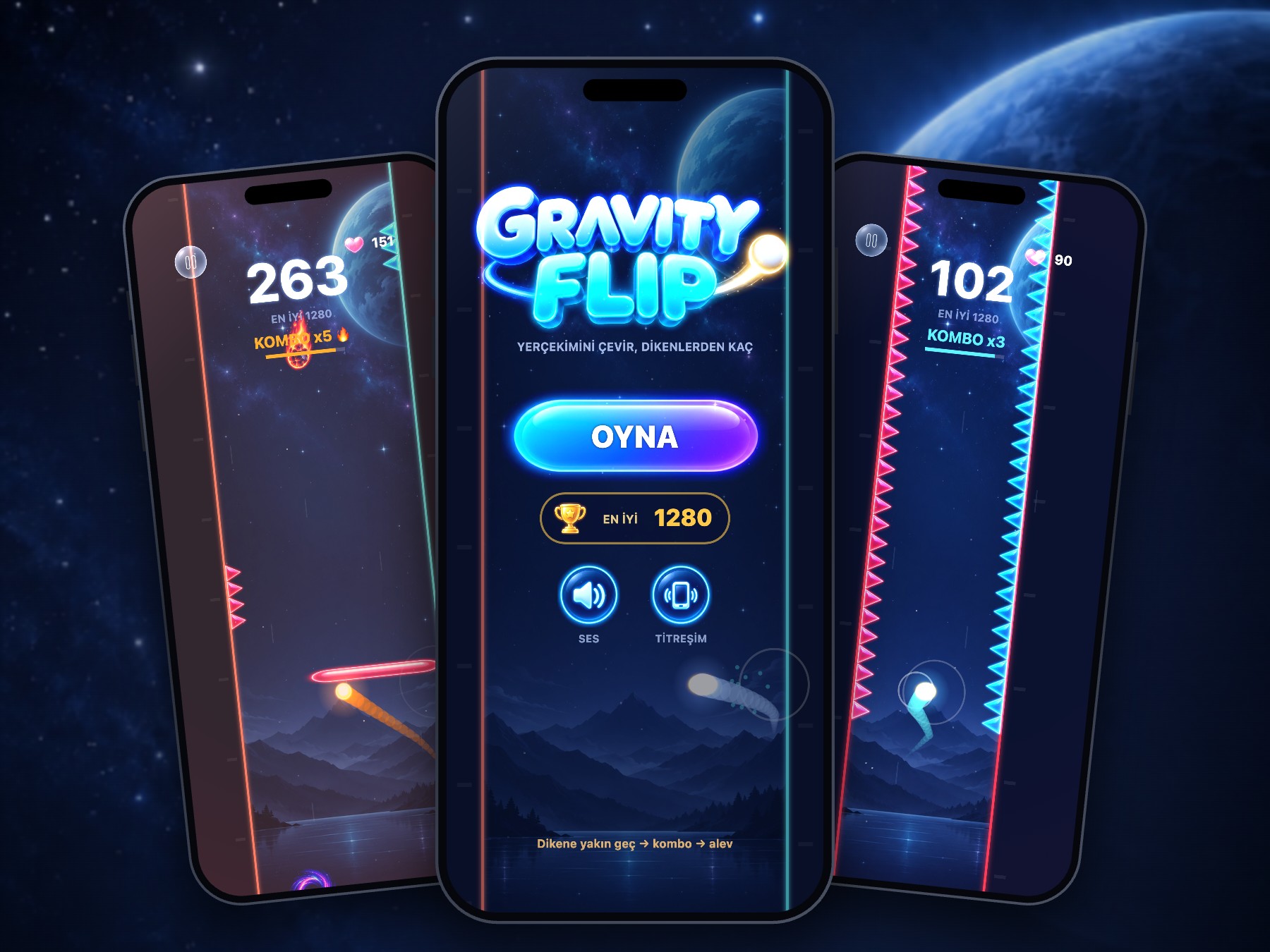 Gravity Flip: kombo ve alevli top, iki yanı dikenli daralan koridor